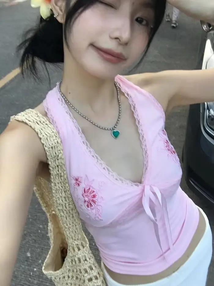 Tonngirls Y2k Fairycore Tank Tops pour femmes, hauts graphiques imprimés en dentelle, sans manches,