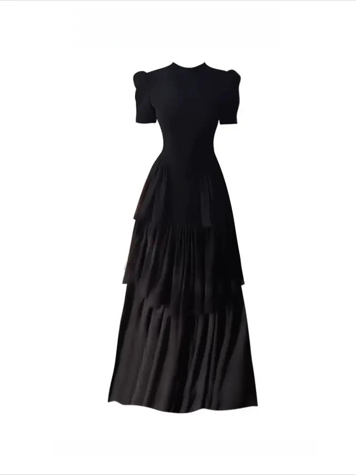 Robe longue multi-couches noire pour femme, style vacances d'été 2026, col semi-montant, taille haut