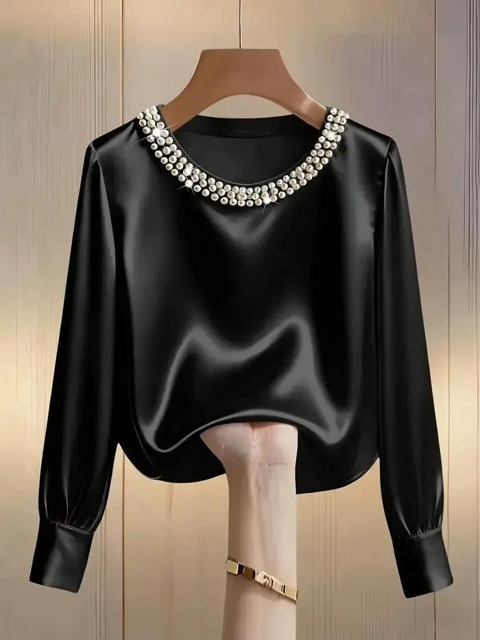 Chemise en satin à col rond perlé haut de gamme française pour le printemps et l'été