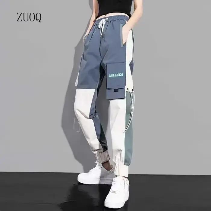 Nouveau grandes poches Cargo pantalon femmes longueur cheville taille haute cordon ample Streetwear
