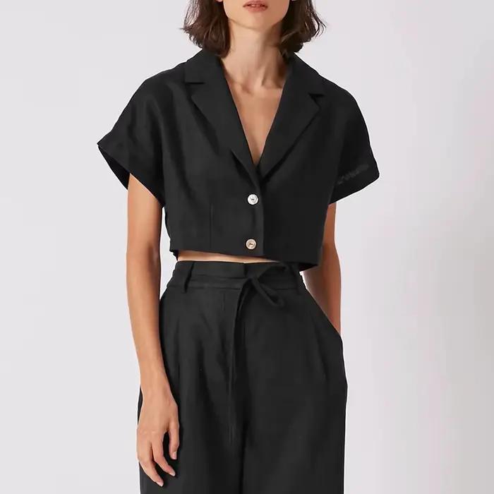 Chemise 100 % lin pour femme, col cranté vintage, manches courtes, boutonnée, élégante, mode féminin