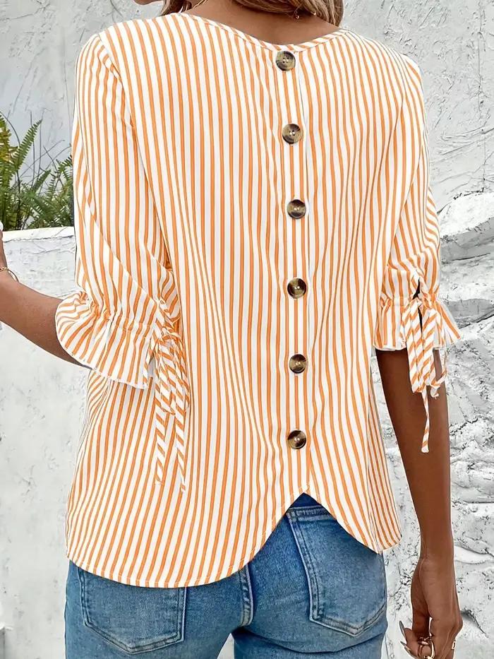 Chemisier à rayures à la mode pour femmes, design de boutons au dos, exquis et élégant, polyvalent.