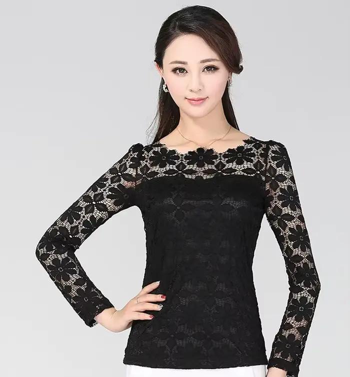 Dames nouvelle mode sexy chemisier mince à manches longues chemise en dentelle
