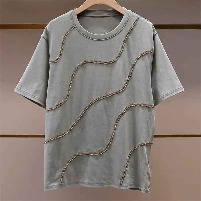 T-shirt décontracté gris à manches courtes pour femme avec strass, col rond, coupe ample, nouvelle c