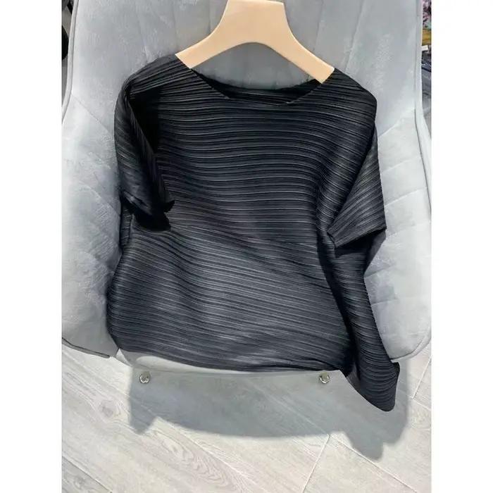 Chemisier d'été pour femme, manches courtes, col rond, plissé, style coréen vintage, couleur unie, c
