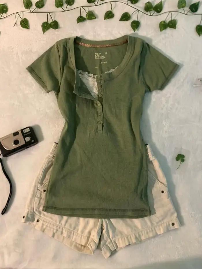 T-shirt vert olive punk pour femme, vêtements vintage, streetwear gothique, tendance, slim, crop top