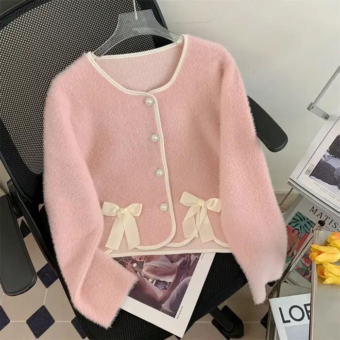 Cardigan à manches longues en vison pour femme, manteau pull élégant, pull coréen doux avec nœud, au