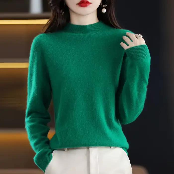 100% laine mérinos pull femmes col mi-haut pull automne hiver décontracté hauts en tricot solide fem