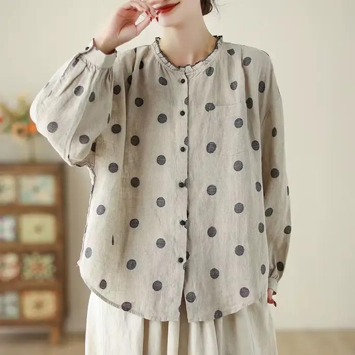 Chemises décontractées à manches longues pour femmes, style vintage, col rond, pois, coton, lin, pri