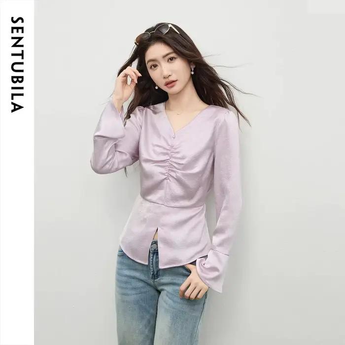 Chemisier élégant SENTUBILA pour femme, col en V polyvalent, taille cintrée, fente latérale, manches