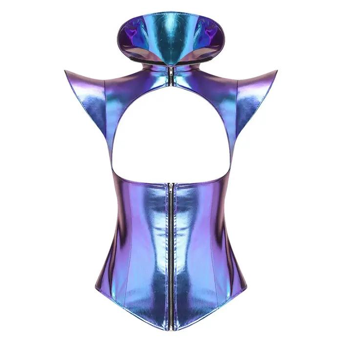Hauts Corset Armure Iridescent Brillant pour Femme, Tenue de Performance Cosplay Rave, Bustier Court