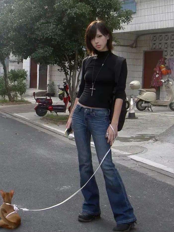 Tonngirls Y2k T-shirt japonais femmes à manches longues noir demi col roulé T-shirt hauts Vintage St