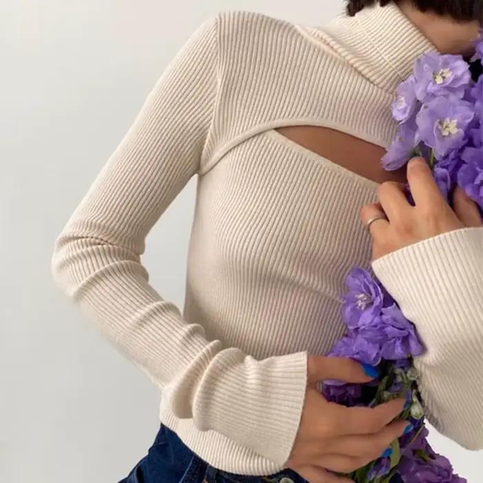 Pull à col roulé à manches longues pour femme, haut skinny, vêtements décontractés évidés, pull fin