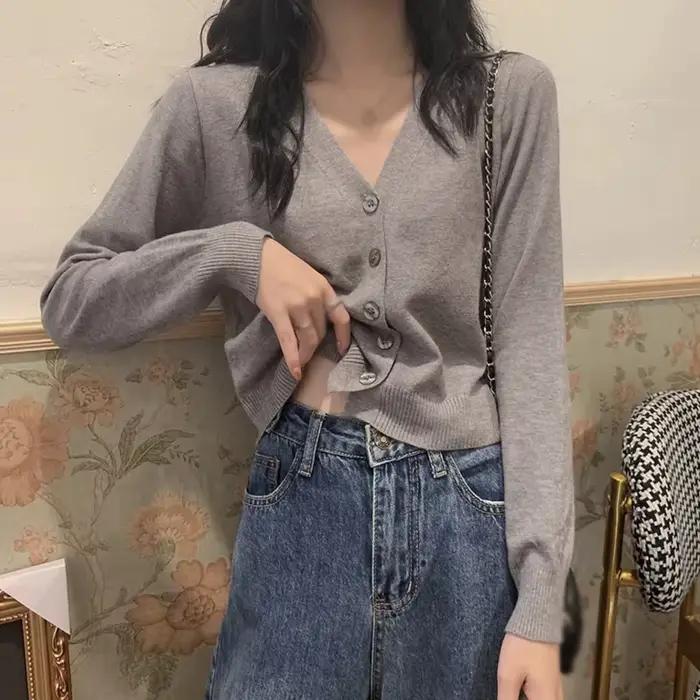Cardigan court à manches longues pour femme 2026, col en V, boutonné, tricoté, automne-printemps, si