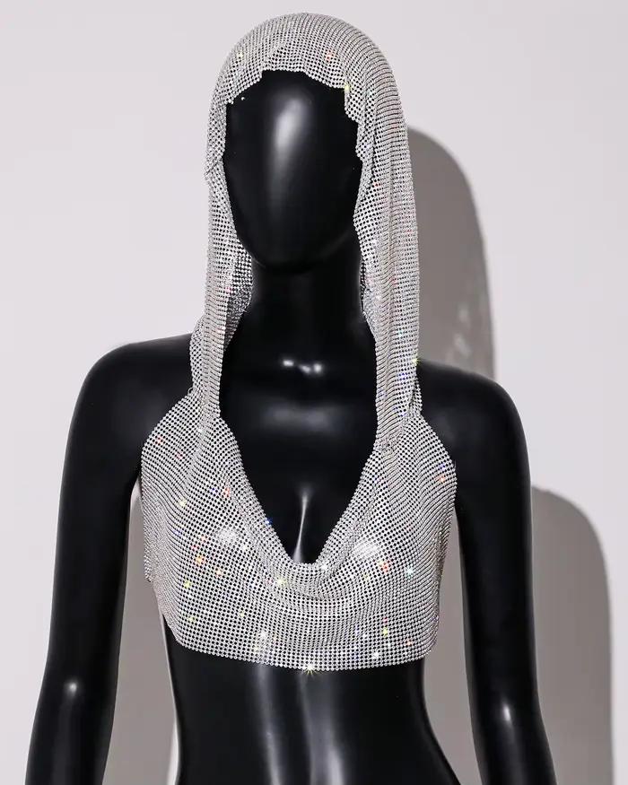 2025 été nouveau strass à capuche haut court Sexy col en V profond dos nu sans manches paillettes dé