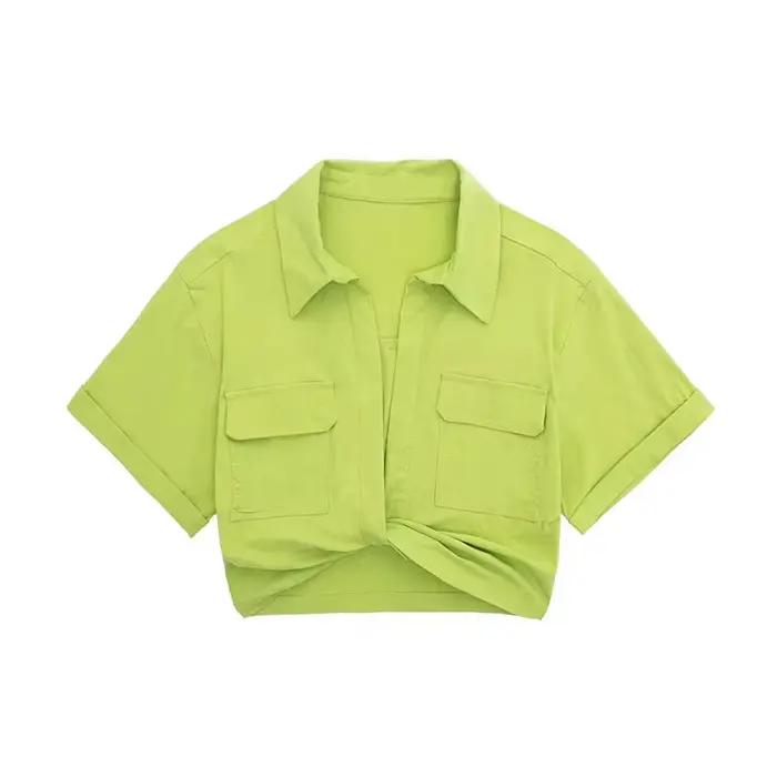 Chemisier smocké court Style Safari pour femmes, avec poches, Patch noué, chemise courte Kimono en l