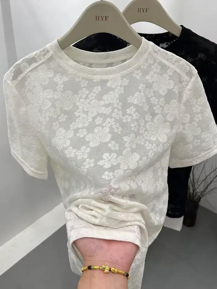 T-shirt manches courtes femme, estival et décontracté, avec broderie de fleurs, en dentelle noire, c