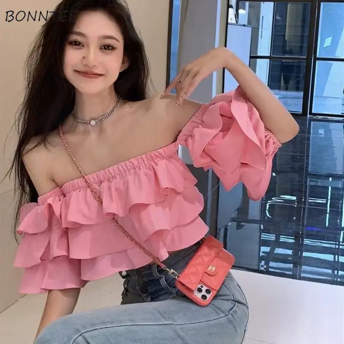Chemisiers froncés pour femmes, col slash, manches courtes, volants, mode coréenne, filles chaudes,