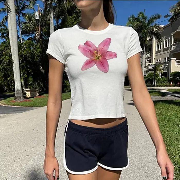 T-shirt court imprimé basique pour femmes, vêtements d'été minces, haut graphique pour dames, vêteme