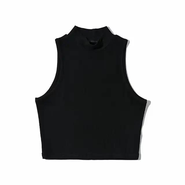 Haut court à col haut pour femme, noir, fibre précieuse, coupe respirante et confortable, mode estiv