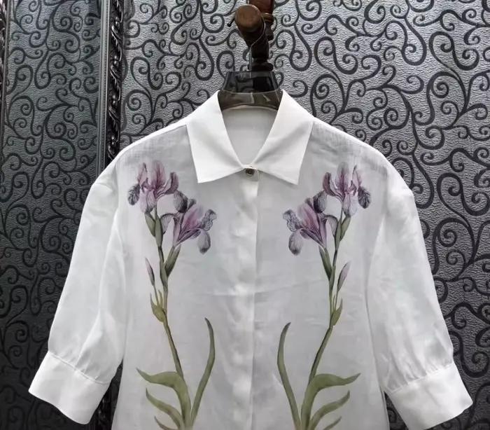 Chemisier 100% Lin pour Femme, Style Printemps-Été 2026, Col Rabattu, Imprimé Floral Violet, Manches