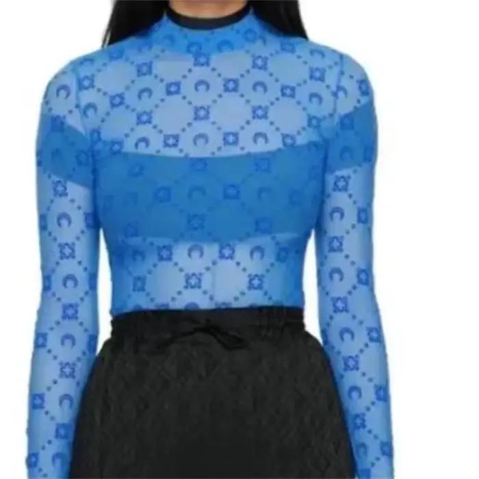 Chemisier transparent sexy Y2K pour femme, motif lune floqué, manches longues, en tulle, haut décont