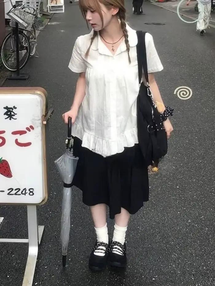 Chemisier japonais vêtements pour femmes à manches courtes col claudine chemises blanches 2025 Blusa