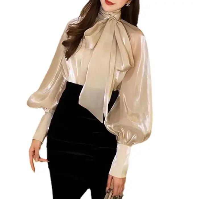 Été printemps France couleur unie chemises concepteur volants cou lanterne manches femmes Blouses nœ