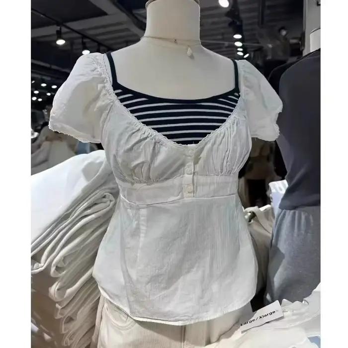 T-shirts Blouses Rayées Bleues pour Femmes – Décontractées, Simples, en Coton avec Bordure en Dentel