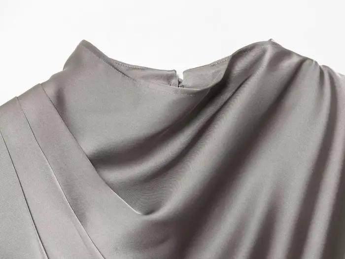 ETJ 2026 printemps nouveau femmes élégant mode châle design satin drapé haut asymétrique froissé che