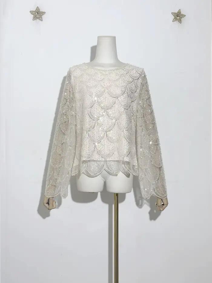 Nouveau classique Unique motif pétoncle femmes paillettes dentelle délicate perles maille haut pull