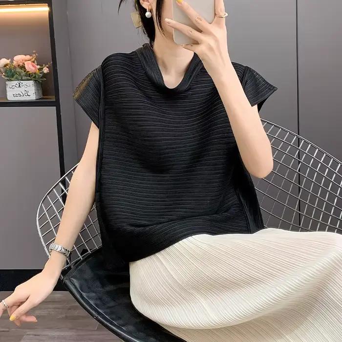 LANMREM 2025 été nouveau T-shirt plissé pour femmes épaules dénudées revers manches courtes élastiqu