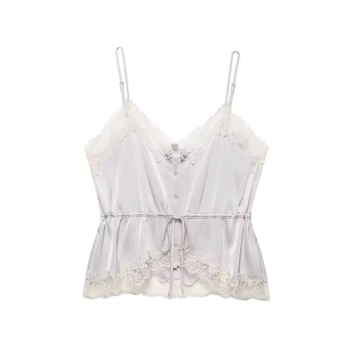 Haut pour femme 2026 Nouvelle collection Printemps-Été, en satin texturé avec dentelle, style chic e