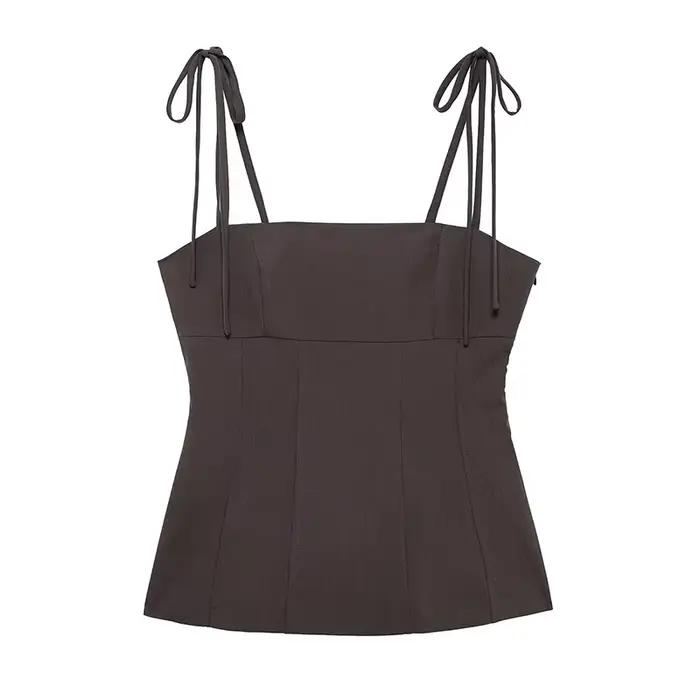 Willshela femmes mode marron à lacets dos nu côté fermeture éclair hauts Vintage fines bretelles col