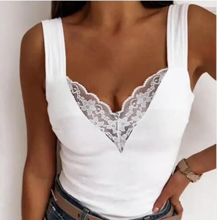 Débardeurs en dentelle sexy pour femmes, hauts à col en V, t-shirts décontractés, camisoles basiques