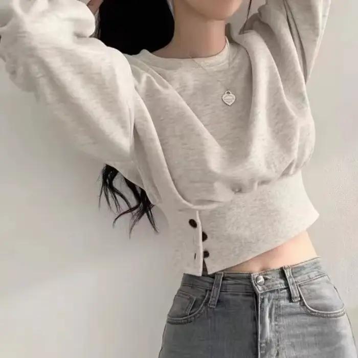 Haut court à col rond pour femme, couleur unie, manches lanternes, avec boutons, pull sportif Hip-Ho