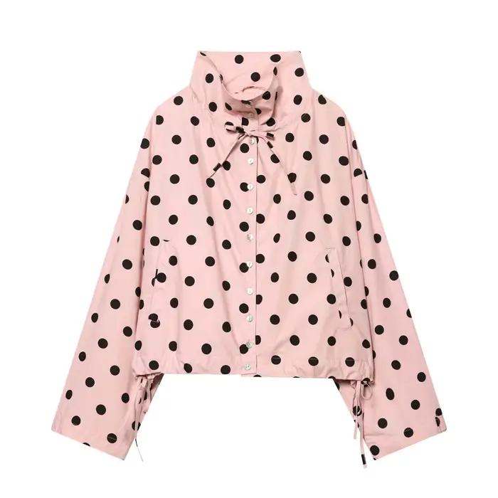 HH Veste courte rose à pois pour femme, à manches longues, col montant, simple boutonnage, style mod