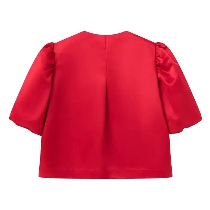 Élégante Blouse Femme 2026 à Manches Ballon, en Satin Uni Blanc et Noir, Coupe Ample, Col Rond, Chem