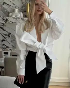 Chemisier blanc élégant pour femme avec nœud à nouer devant, col en V profond, manches bouffantes, c