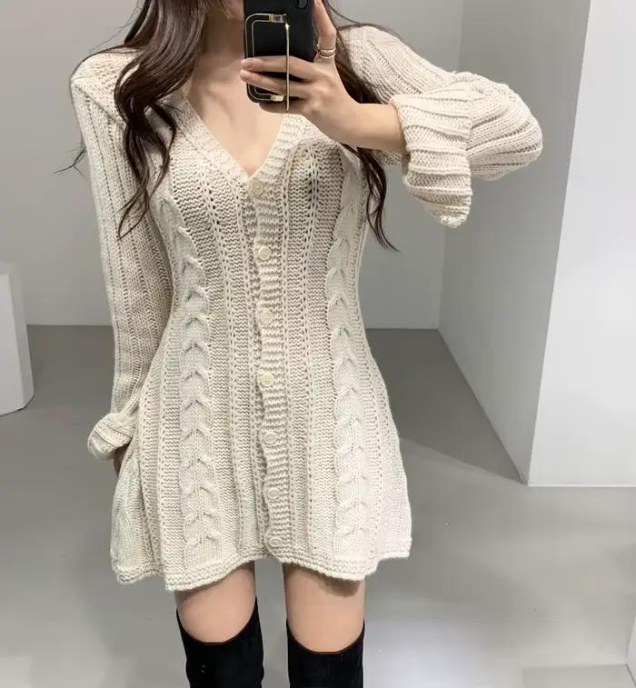 Robe pull pour femme, manches longues, tricot torsadé, boutonnée, ajustée, mini-robe, tenue rétro de