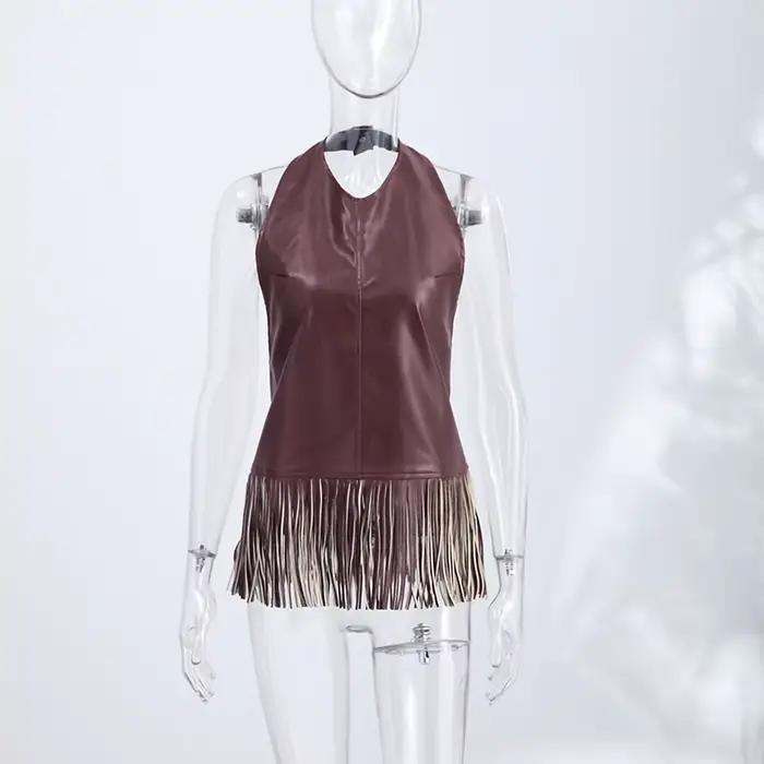 Haut Halter en Similicuir à Franges et Patchwork pour Femme, Débardeur Chic Sans Manches et Dos Nu,