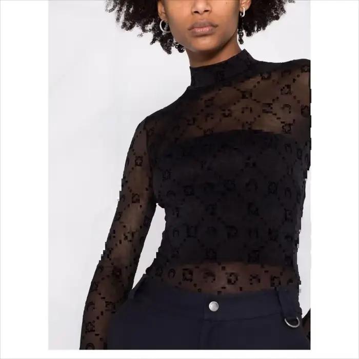 Fashion Moon T-shirt en tulle fin pour femme, à manches longues, col montant, style Y2K sexy, coupe