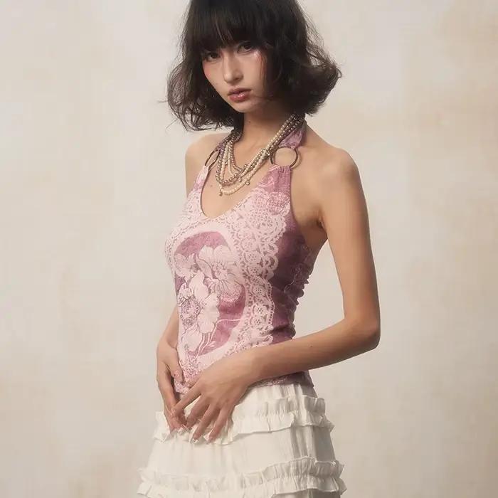 Karrcat-Camisole à imprimé fleuri rétro des années 2000, haut violet précieux, licou japonais Y2k, e