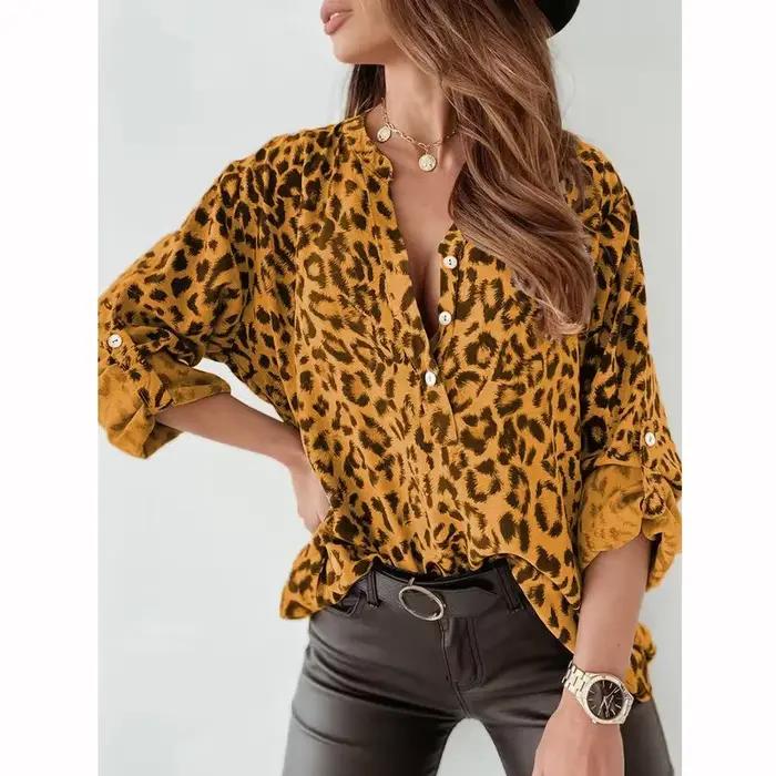 Printemps automne imprimé léopard Sexy Blouse femmes ample décontracté à manches longues en mousseli