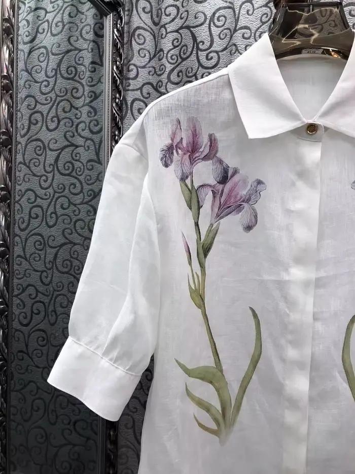 Chemisier 100% Lin pour Femme, Style Printemps-Été 2026, Col Rabattu, Imprimé Floral Violet, Manches