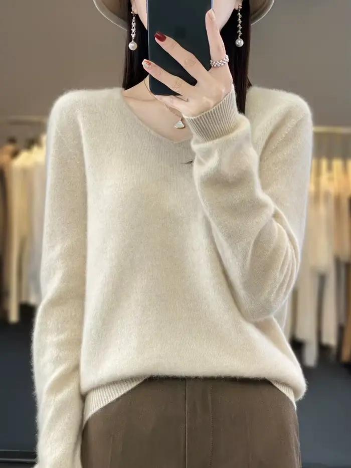 Pull en laine mérinos pour femme, col en v, manches longues, pull basique, tricot en cachemire, vête