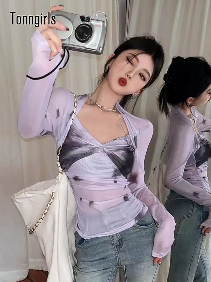 Tonngirl – t-shirt en maille pour femme, Streetwear de Style coréen, avec impression esthétique Grun
