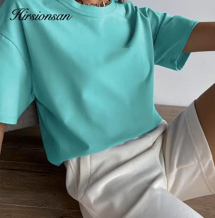 Hirsionsan – t-shirt basique en coton pour femmes, haut ample et résistant, décontracté, surdimensio