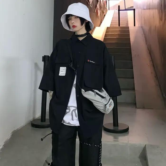 Chemises noires à manches courtes pour femmes, Streetwear Hip-Hop, Cool, Décontracté, Coréen, Chic,