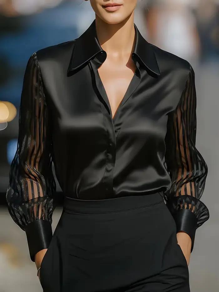 Chemisier en Satin de couleur unie pour femmes, chemise à col à manches longues bouffantes à rayures